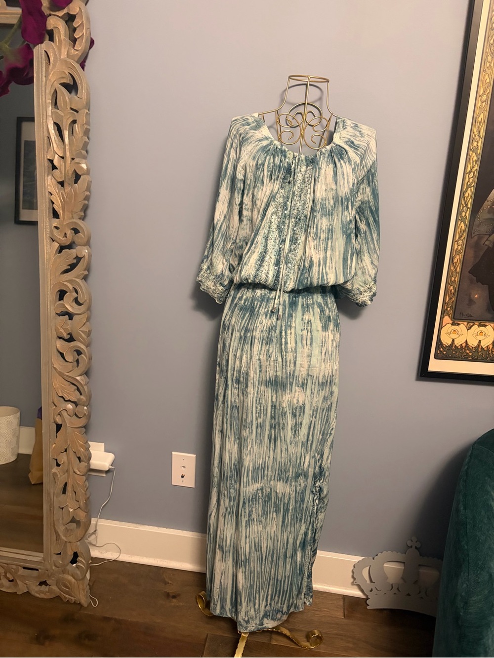 Light Teal Tie-Dye Maxi Dress with Blouson Bodice